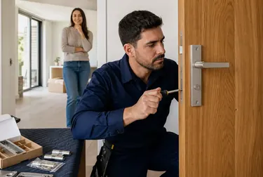 Chaveiro realizando a instalação de uma fechadura em uma porta em Franco da Rocha.