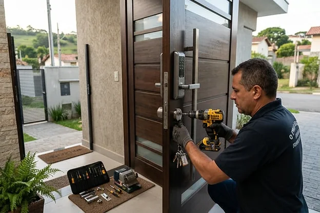 Entrada de uma casa em Franco da Rocha com fechaduras modernas, mostrando segurança.