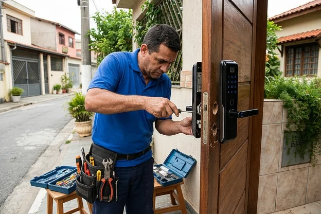 Fechadura digital instalada em uma porta em Franco da Rocha, focando na tecnologia.